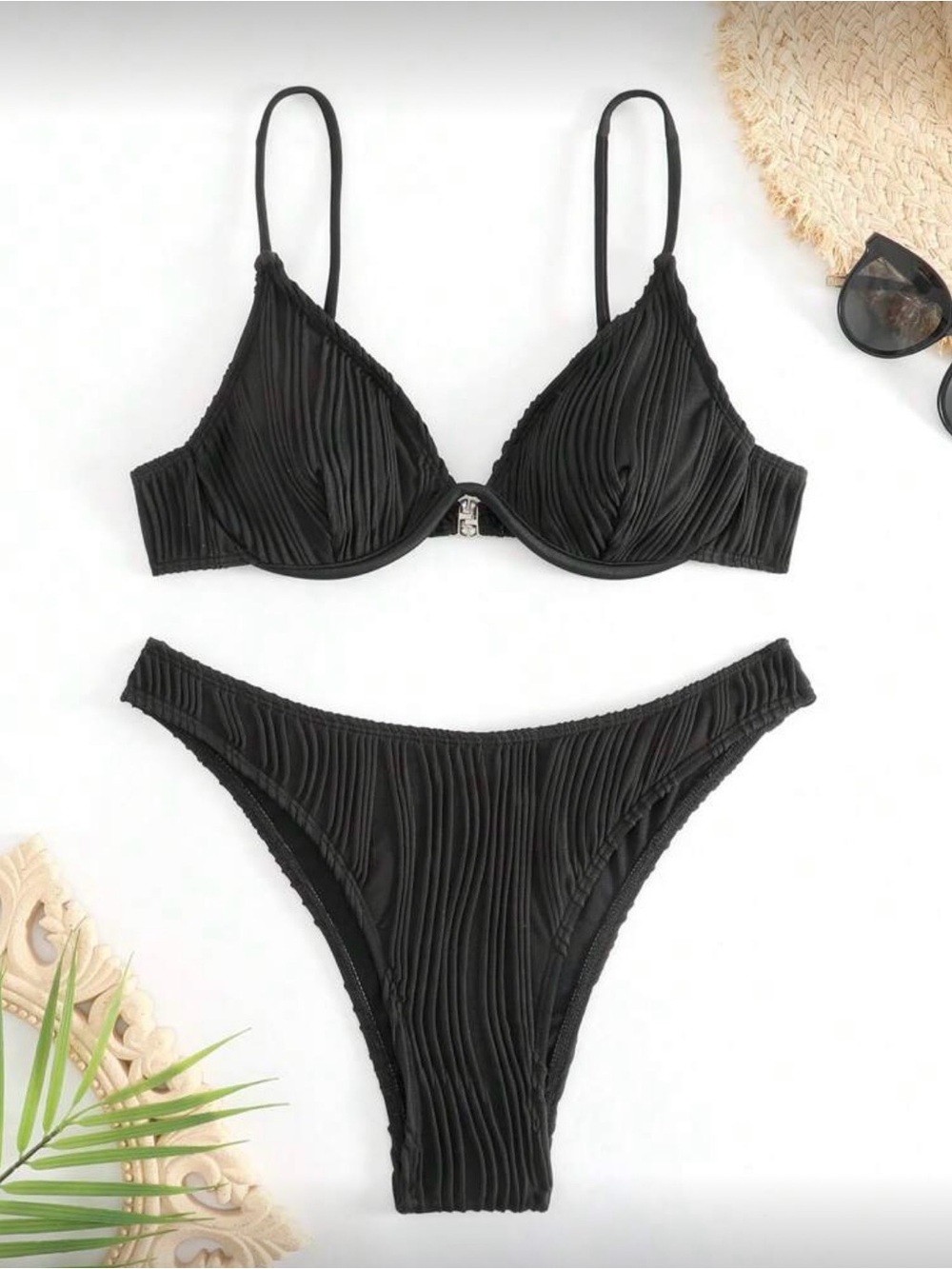 SHEIN Black Textured Rib Underwire Bikini Set